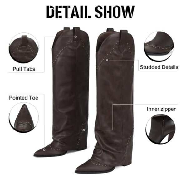 Women's Knee High Boots 3.7 Inch Heel Studded Fold Over Vegan Leather - Picture 7 of 7